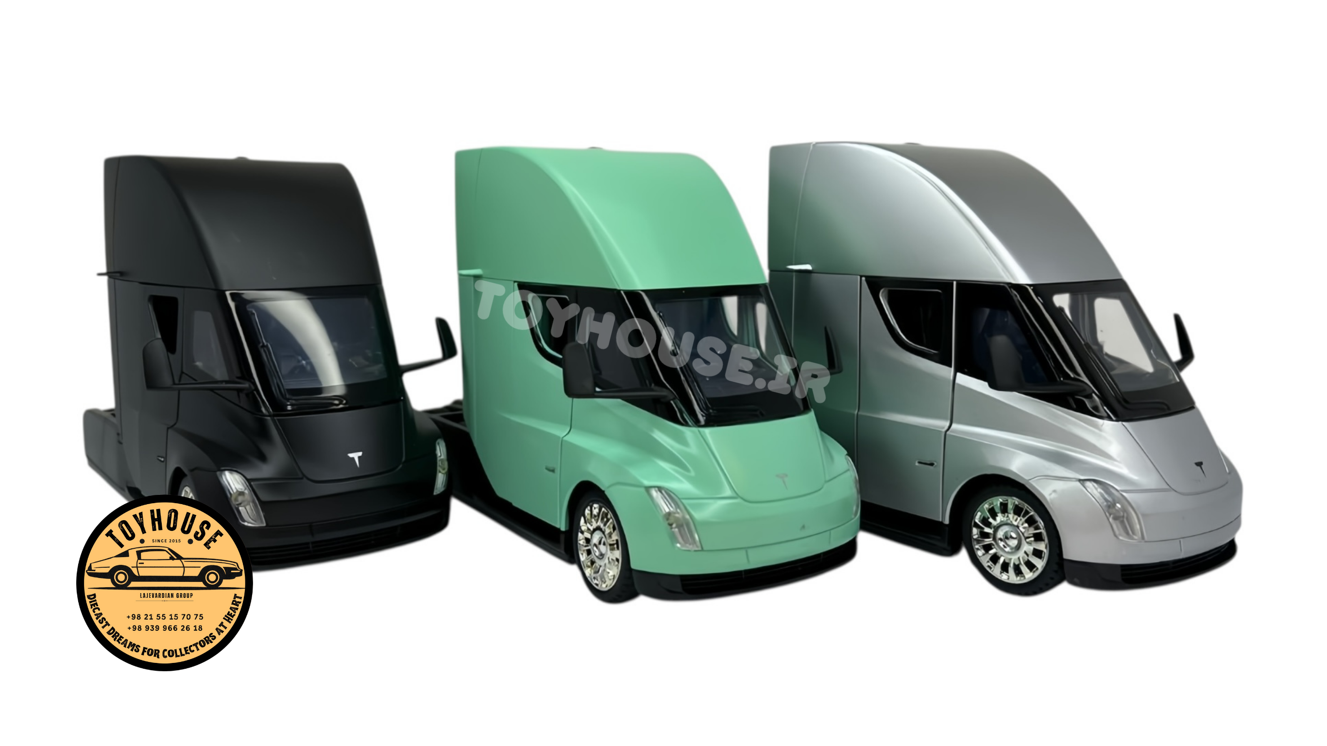 ماکت کامیون کشنده کله تریلی  Truck Tesla Semi در رنگ‌های مشکی، سبز نعناعی و نقره‌ای مقیاس 1:24 چراغ‌دار و موزیکال