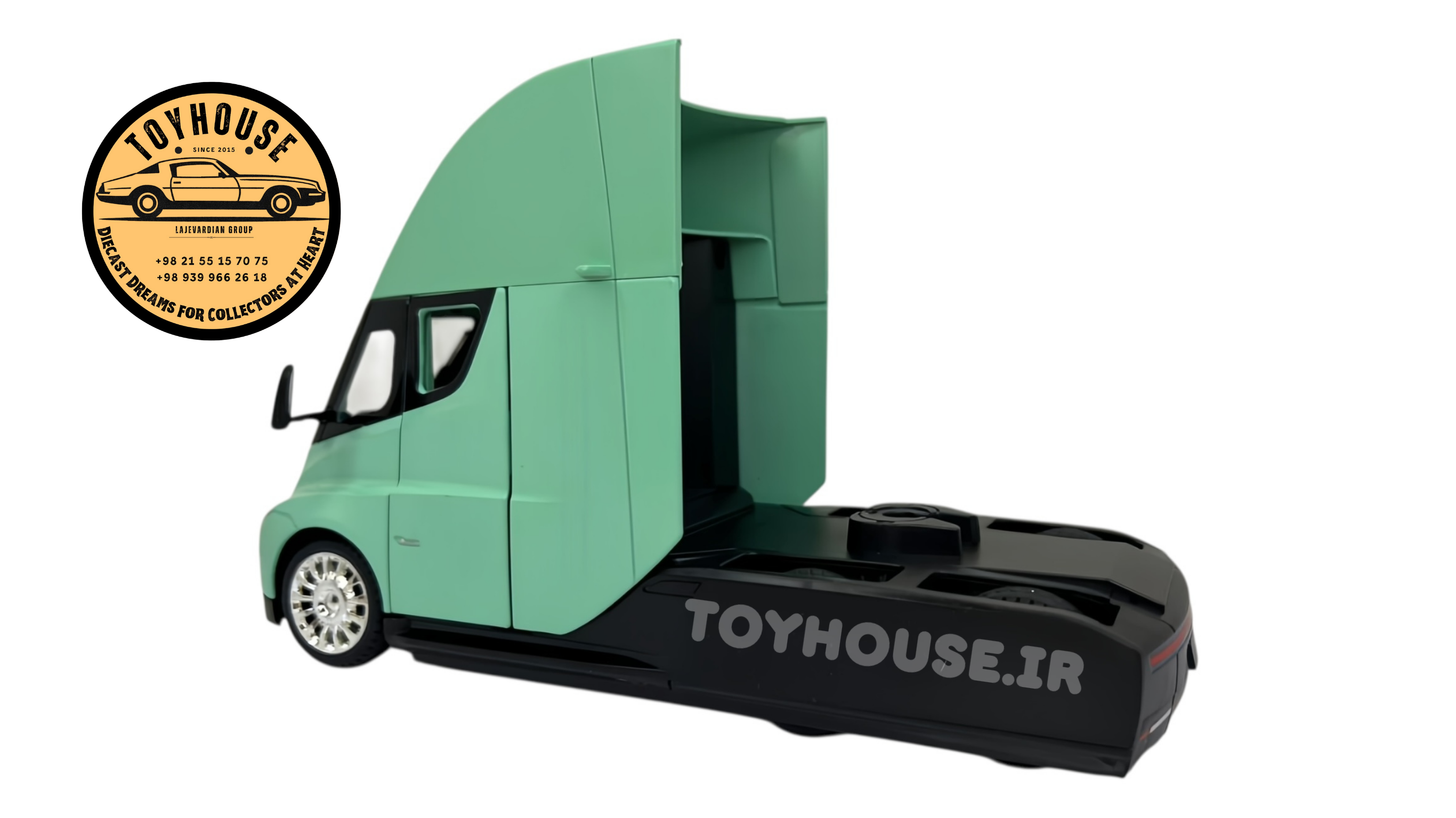 ماکت کامیون کشنده کله تریلی  Truck Tesla Semi در رنگ‌های مشکی، سبز نعناعی و نقره‌ای مقیاس 1:24 چراغ‌دار و موزیکال