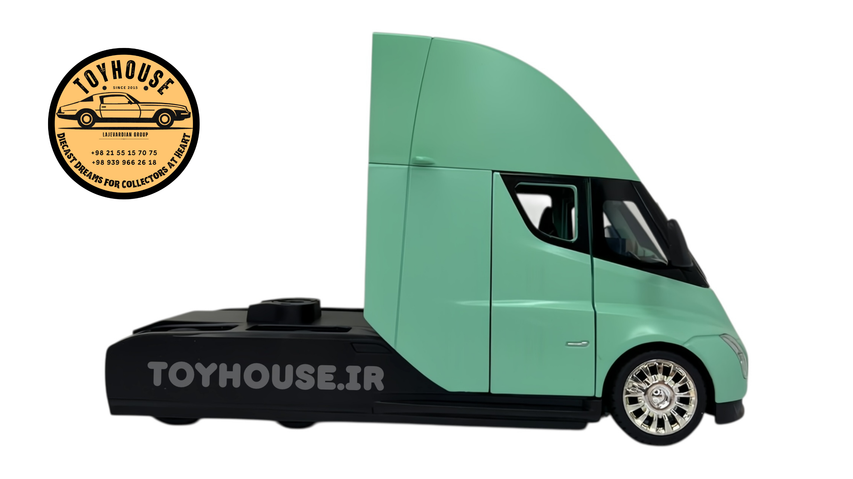 ماکت کامیون کشنده کله تریلی  Truck Tesla Semi در رنگ‌های مشکی، سبز نعناعی و نقره‌ای مقیاس 1:24 چراغ‌دار و موزیکال