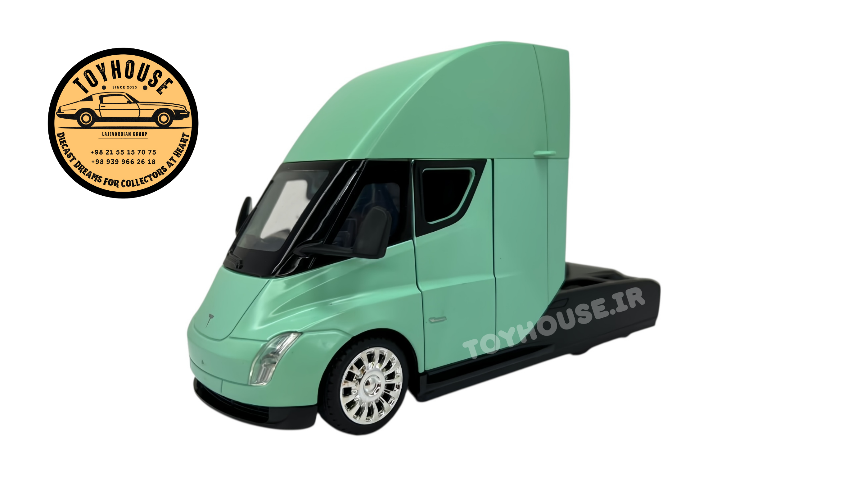 ماکت کامیون کشنده کله تریلی  Truck Tesla Semi در رنگ‌های مشکی، سبز نعناعی و نقره‌ای مقیاس 1:24 چراغ‌دار و موزیکال